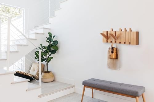 Coat Rack Wall Mount, Wooden Coat Rack, Piano Key Coat Rack, 6 Hooks Flip Down Wall Hook Rack, Beech - Image 3