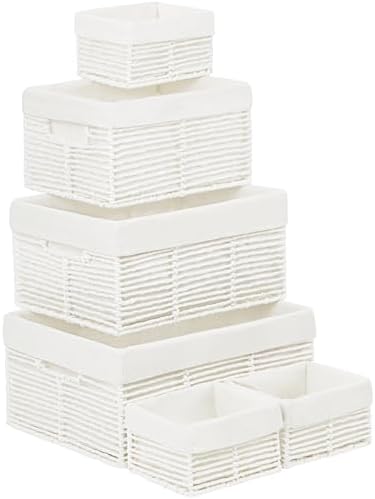 Vagusicc Wicker Storage Basket, 6 Pack Baskets for Organizing, Wicker Baskets with Handle, Rectangular Wicke Basket for Storage Shelves, Cube Storage Bins for Closet/Clothes/Dresser, White by Vagusicc