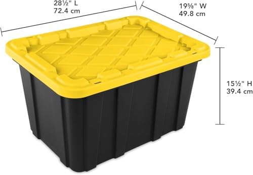6-Pack Storage Bins Heavy Duty Stackable Industrial Tote 27-Gallon Plastic Container with Secure Snap-On Lids Design for Garage, Warehouse or Workshop Organization Black & Yellow - Image 4