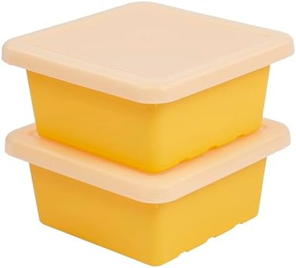 ECR4Kids Stackable Square Bins with Non-Snap Lids, Multipurpose Organization, Yellow, 2-Pack by ECR4Kids
