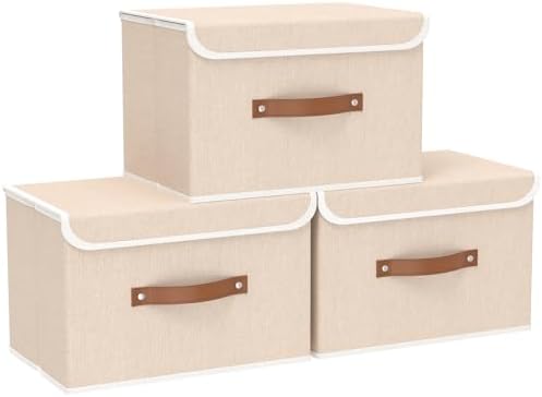 Yawinhe Storage Bins with Lids,Beige,17.7x11.8x11.8in,3-Pack by Yawinhe