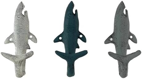 Zeckos Set of 3 Shark Wall Hooks, 5.25 Inch Blue Gray White Cast Iron by Zeckos