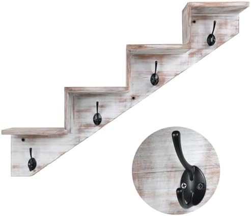 Hookmous Coat Rack Wall Mount with Shelf, White Wall Shelf with Hooks, Sturdy​​ Wooden Rise Staircase Shelves, Space-Saving Decorative Organizer for Entryway, Mudroom, Hallway, Living Room, Bedroom - Image 6