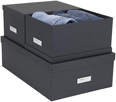 Bigso Box of Sweden Set of 3 Storage Boxes with Lids - Organiser Box for Clothes, Office Equipment and More - Wardrobe Storage Boxes with Labels for Bedding or Seasonal Clothing - Dark Grey - Image 2