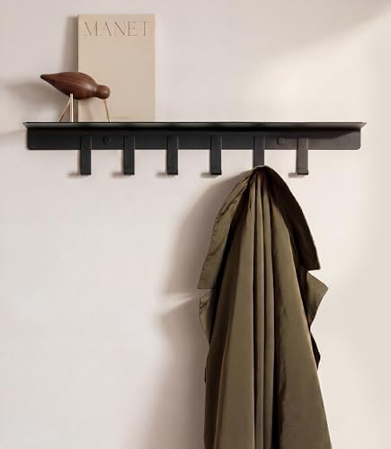 Kazai. Coat Rack Wall Mount with Shelf 'Holmsen' | Coat Rack with Shelf for Storage and Display | Wall Hooks for Hanging Clothes and Purses | Modern Entryway Hangers in Metal | Black by KAZAI