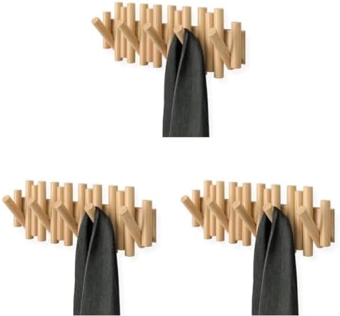 Umbra Picket Wall-Mounted Coat Rack Rail Hook with 5 Retractable Wood Pegs – Modern, Space-Saving Storage Organizer, Natural (Pack of 3) by Umbra