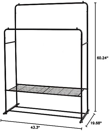 Double Rail Clothes Rack Metal Garment Rack with 2-Tier Bottom Shelves Portable Space-Saving Hanger Hanging, Black - Image 7