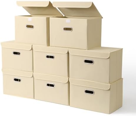 STOREONE Fabric Storage Cube Bins Foldable Organizer Container Collapsible Basket with Lids and Metal Handles, for Home, Bedroom, Closet 8 Pcs (Creamy-White) by STOREONE