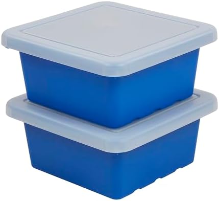 ECR4Kids Stackable Square Bins with Non-Snap Lids, Multipurpose Organization, Blue, 2-Pack by ECR4Kids