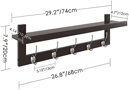 SMIBUY Coat Hooks with Shelf Wall-Mounted, 29.2 Inch Entryway Coat Rack for Wall, Bamboo Hanging Shelf with 5 Double Metal Hooks for Bathroom, Bedroom, Kitchen, Living Room, Mudroom (Dark Brown) - Image 2