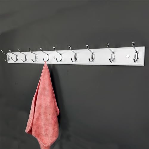 37 Inch Long Wooden Wall Mounted Coat Rack with 10 Silver Chrome Hooks for Entryway and Bedroom to Hang Coats, Hats - Heavy Duty Hooks School Bag - Image 4