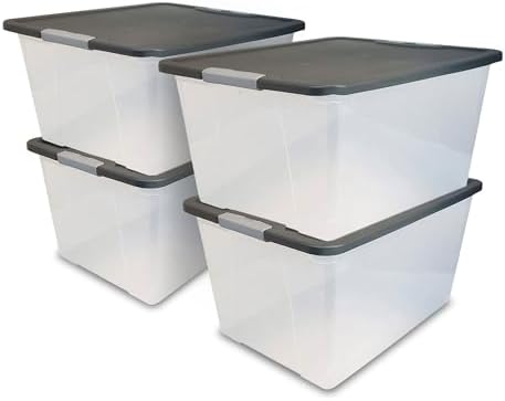 HOMZ 4-Pack Secure Latch, Clear Plastic Storage Organizer Bins, 64 Quart, Gray Lid - Stackable Container Boxes for Bedroom, Bathroom, Garage, and Office Organization by Homz