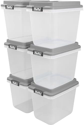 Hefty 32 Qt Hi-Rise Storage Bin with Lid, Stackable Plastic Storage Container, Organizer for Home, Garage & Closet, 6 Pack, Gray by Hefty