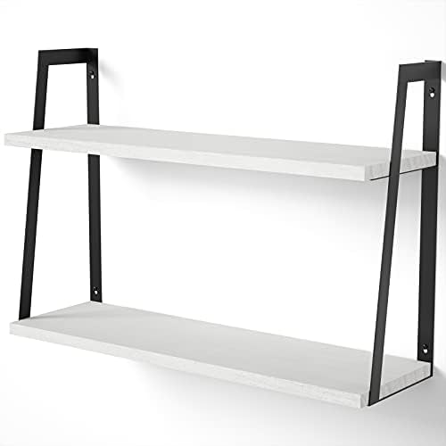 SRIWATANA White 2-Tier Floating Wall Shelves, Rustic Wood Storage Shelf Set by SRIWATANA