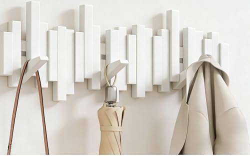 ELECANE Key Holder Wall Mount, Splicable Wooden Piano Coat Rack Wall Mount, Modern Wall Art Flip Down Magnetic Hooks Wall Hook Hat Hanger for Entryway Key Holder Bedroom Kitchen (White, 8 Hooks) by Unknown