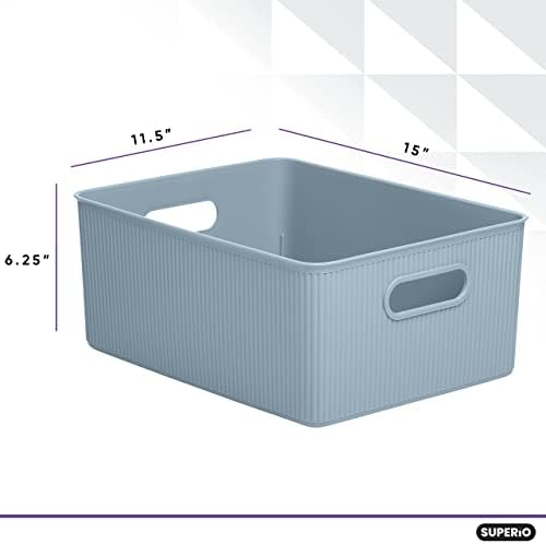 Superio Ribbed Decorative Plastic Home Storage Bins 2 Pack, Blue Organizer Baskets 15 Liter, Boxes for Organizing Closet Shelf (Bin with Lid- Large) - Image 2