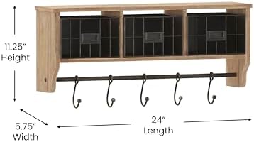 Merrick Lane Enid Wall Mount Storage Rack - Rustic Brown Pine Wood - 24" Wide - Upper Shelf - 5 Hooks - Wire Baskets - For Entryway, Kitchen, Bathroom - Image 5