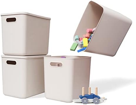 Yishyfier Plastic Storage Baskets With Lid Organizing Container Lidded Knit Storage Organizer Bins for Shelves Drawers Desktop Closet Playroom Classroom Office (4L, Light grey) by Yishyfier