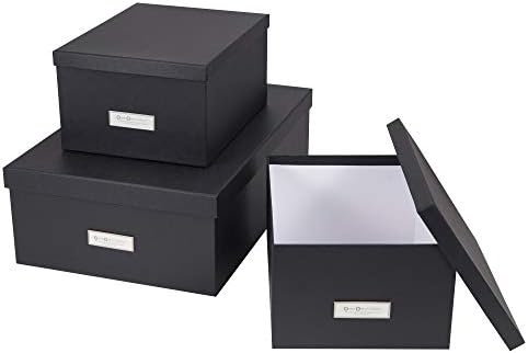 Bigso Box of Sweden Set of 3 Storage Boxes with Lids - Organiser Box for Clothes, Office Equipment and More - Wardrobe Storage Boxes with Labels for Bedding or Seasonal Clothing - Dark Grey by Bigso