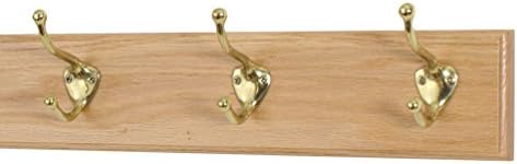 Solid Oak Coat Rack with Solid Brass Hat and Coat Style Hooks - Made in The USA (Natural, 15" x 3.5" with 3 Hooks) by PEG+AND+RAIL