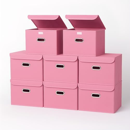 STOREONE Fabric Storage Cube Bins Foldable Organizer Container Collapsible Basket with Lids and Metal Handles, for Home, Bedroom, Closet 8 Pcs (Pink) by STOREONE