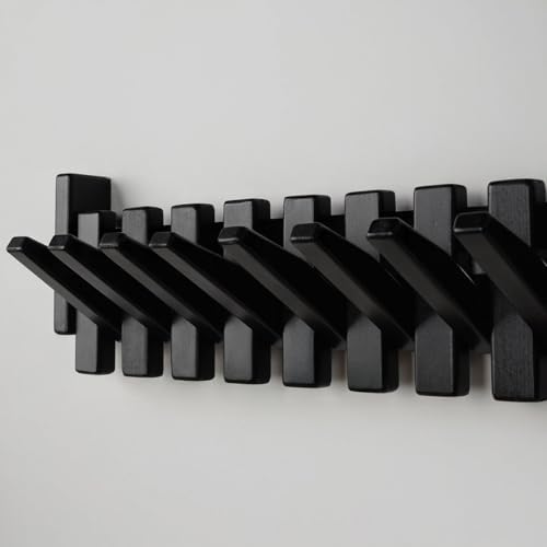 Beech Piano Key Coat Rack with 10 Flip Hooks, Black - Image 3