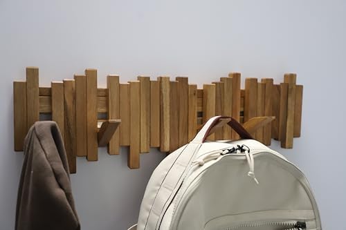 Hardwood Piano Coat Rack| Flip Down Wall Hook Rack 6 Hooks|Heavy Duty Coat Hooks.Made of Acacia Wood (Original Color of Wood).Wall Art - Image 2