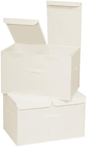 2 Pack Large Storage Boxes with Lids and Handles, Collapsible Linen Storage Bins Organizer Containers Baskets Cube with Removable Divider for Home Bedroom Closet Office (Cream, XL) by Unknown