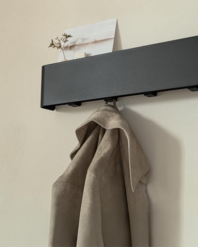 Kazai. Coat Rack Wall Mount with Shelf 'Tone' | Modern Design Coat Hanger with Hidden Hooks and Storage | Hat Rack with Shelf in Metal | Wall-Mounted Purse Organizer | Black - Image 3