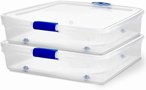 HOMZ 2-Pack Under Bed Storage, Clear Plastic Containers with Lids, 56 Quart, Blue Latch - Stackable Underbed Organizer Bins for Shoes, Bags, Clothes, and Towels by Homz