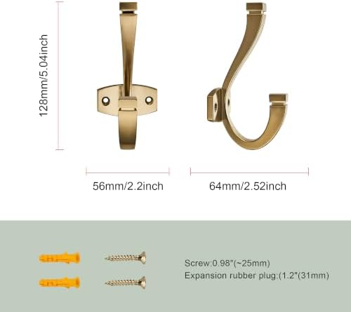 CHIVS (5 Pack Coat and Hat Wall Hooks Double Hooks for Hanging ，Champagne Bronze Towel Hooks，Wall Mount ，Hanger Backpack, Purse, Bag, Towel Organization Decorative Wall Hooks - Image 2