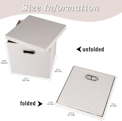 Storage Bins with Lids, Collapsible Linen Fabric Boxes Organizer Containers with Lid Foldable Storage Box Basket for Closet, Shelves, Home, Office, 12 x 12 x 12.4 Inch, 4 Pack, Beige - Image 2