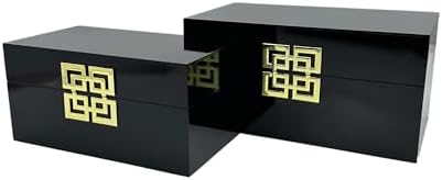 Galt International Storage Box Set Decorative Storage Box w/Hinged Lid Classic Design Wood Decor Boxes with Geometric Clasp Storage for Bedroom & Home - Set of 2 (Black & Gold) - Image 4