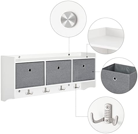Mondeer Wooden Coat Rack Shelf Wall Mounted with 3 Baskets 5 Hooks White - Image 5