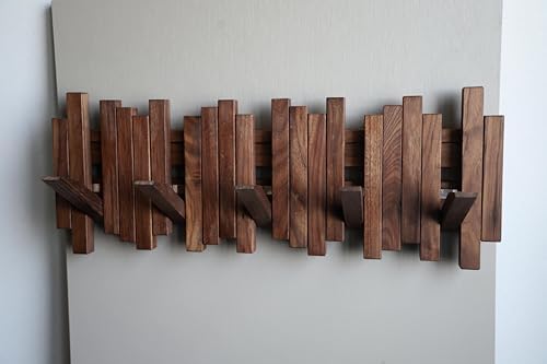 Natural Wood Wall Mounted Piano Coat Rack| Coat Rack Wall Mount| Flip Down Wall Hook Rack 5 Hooks| Entryway wall Art Hook,Made of Black Walnut - Image 2