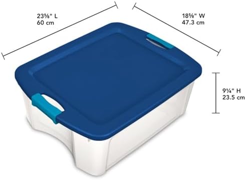 Sterilite 12 Gal Latch and Carry, Stackable Storage Bin with Latching Lid, Plastic Container to Organize Closets, Clear with Blue Lid, 6-Pack - Image 3