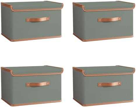 Tuza 4 Pack Storage Bins with Lids, Collapsible Closet Organizer Container, Fabric Organizer Box with Handles, Decorative Storage Boxes with Lids for Organizing Clothes, Blanket, Grey, Medium by LOVEWHEREYOULIVE