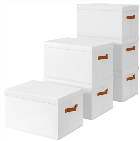 Homsorout Storage Bins with Lids - Large Fabric Closet Bins with Lid, 6 Pack Clothes Organizers and Storage, Collapsible Stackable Cube Basket for Home, Office, Dorm, White by Homsorout