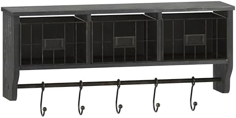 Merrick Lane Enid Wall Mount Storage Rack - Blackwashed Pine Wood - 24" Wide - Upper Shelf - 5 Hooks - Wire Baskets - For Entryway, Kitchen, Bathroom - Image 2