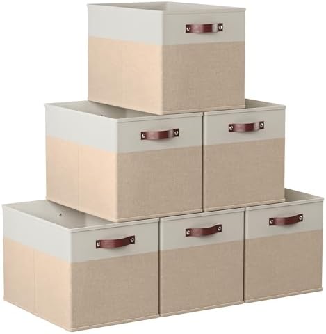 Ornavo Home 13x15x13 Foldable Fabric Storage Cube Bins, 6 Pack, White/Khaki by OrnavoHome