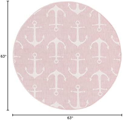 Unique Loom Outdoor Coastal Collection Area Rug - Ahoy (5' 3" Round, Pink/ Ivory) - Image 2