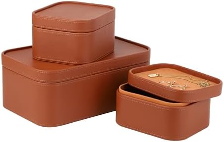 HofferRuffer Faux Leather Decorative Storage Boxes, Dust proof Storage Shelf Baskets with Lids Trays, Storage Bins Memory Box Organizer for Home, Office, Jewelry & More, Set of 3 (Brown) by HofferRuffer