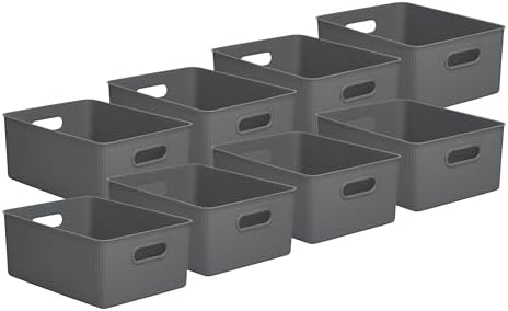 Superio Decorative Plastic Basket Open Home Storage Bins Organizer Baskets,Large Grey (8 Pack) Container Boxes for Organizing Closet Storage Bins for Shelves Drawer Shelf, 15 Liter by Superio