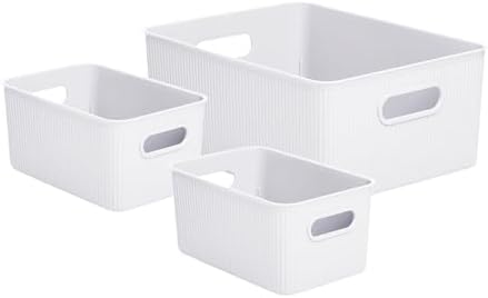 Superio Ribbed Collection - Decorative Plastic Basket Open Home Storage Bins Organizer, White (Set of 3) 1 Large, 2 Medium - Container Boxes for Organizing Closet Storage Bins for Shelves by Superio