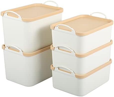 ANMINY White Plastic Storage Bins Baskets with Lids, 5-Pack, 2M+3S by ANMINY