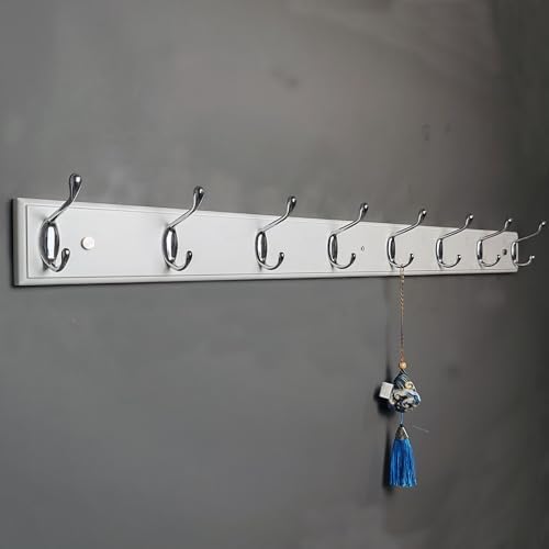 Wooden Wall Mounted Coat Rack 35 inch (90cm) with 8 Silver Hooks, Lang Wood White Coat Hook for Entrance, Hallway, Bedroom, Wall Clothes Hanger - Image 4