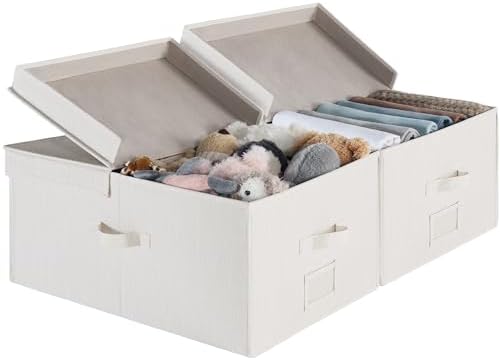 StorageWorks Extra Large Storage Bins with Lids, 55L Decorative Storage Bins with Double-Open Lid and Divider Board, Fabric Bins with Handles, Mixing of Beige, White & Ivory, 2-Pack by StorageWorks