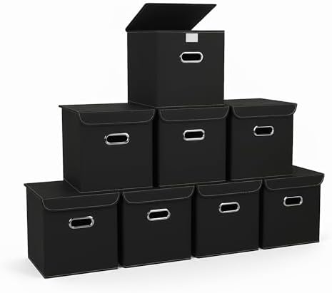 Closet Organizers Fabric Storage Bins With Lids Collapsible Cube Storage Organizer Basket With Handles,Storage Boxes for Clothes Storage,Office,Laundry,Shelves,8 Pack,（Black） by SEVENDOME