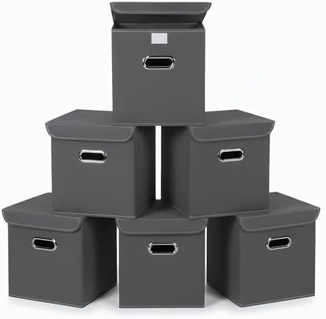 Closet Organizers Fabric Storage Bins With Lids Collapsible Cube Storage Organizer Basket With Handles,Storage Boxes for Clothes Storage,Office,Laundry,Shelves,6 Pack,（Grey by SEVENDOME
