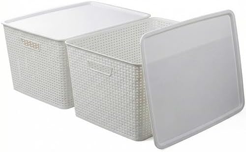 BINO | Plastic Storage Baskets with Lids, 45 Liter - 3 Pack, White | THE WOVEN COLLECTION | Storage Basket for Shelves | Woven Storage Baskets for Organizing Bins Pantry Shelf Organizer Container Bin - Image 4